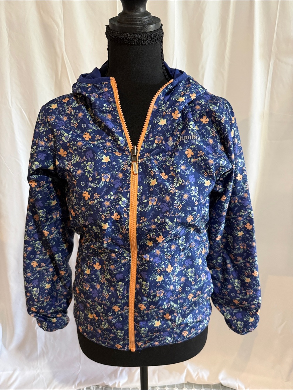 Columbia Girls Navy Floral Reversible Hooded Puffer with Orange Zipper